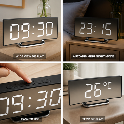 Digital Alarm Clock Curved LED Mirror Display