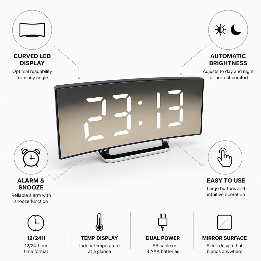 Digital Alarm Clock Curved LED Mirror Display