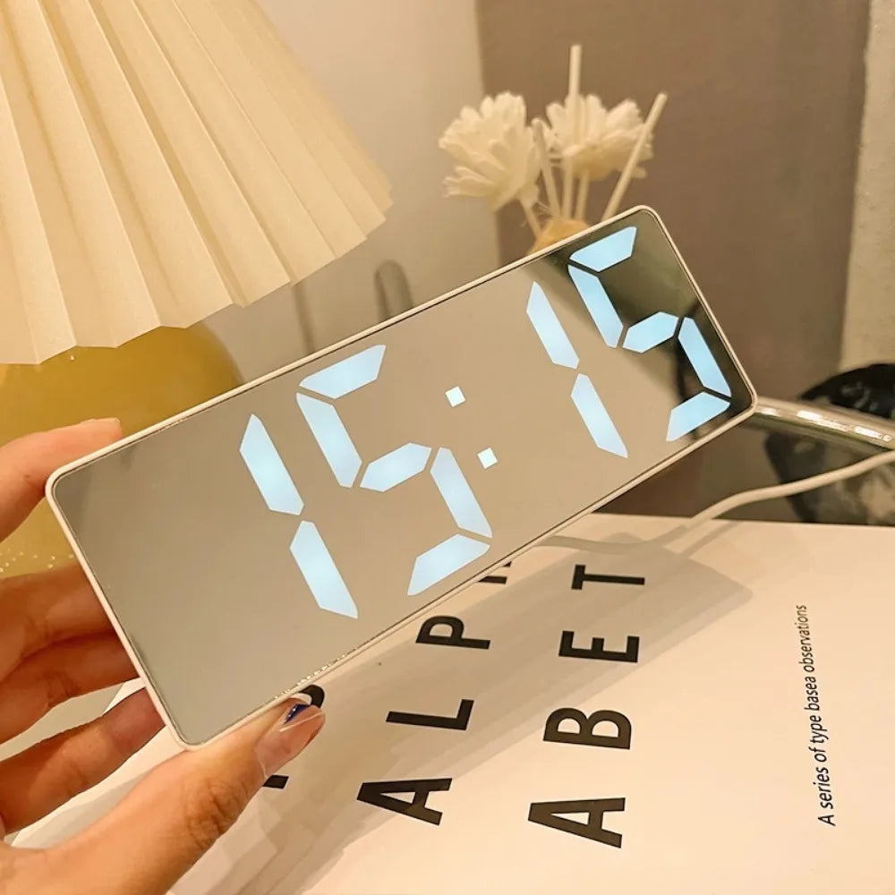 Digital Alarm Clock Mirror LED Display & Temperature USB Powered