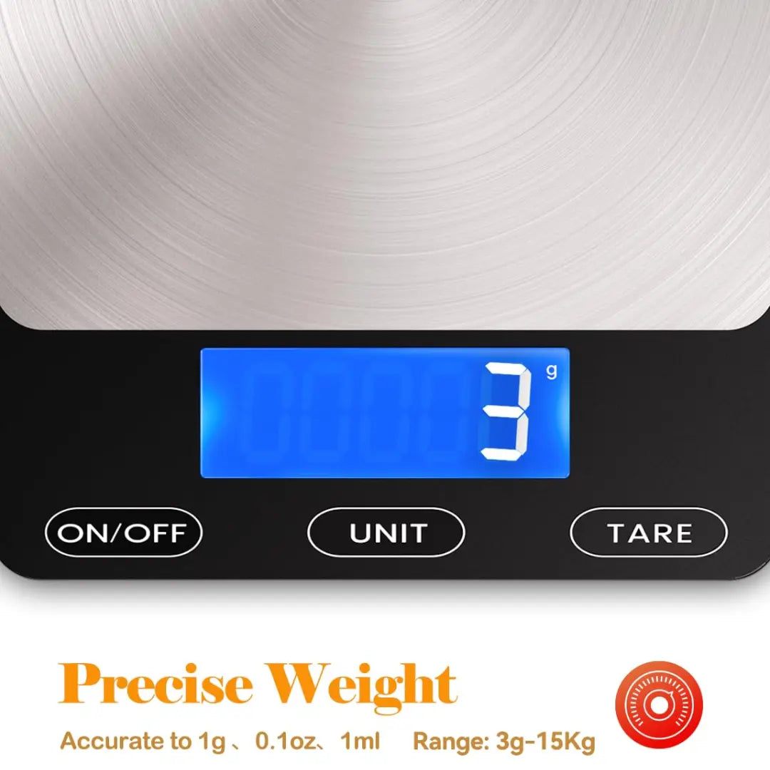Digital Kitchen Scale Backlit LCD 15 Kg USB-C Rechargeable