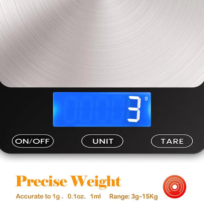 Digital Kitchen Scale Backlit LCD 15 Kg USB-C Rechargeable