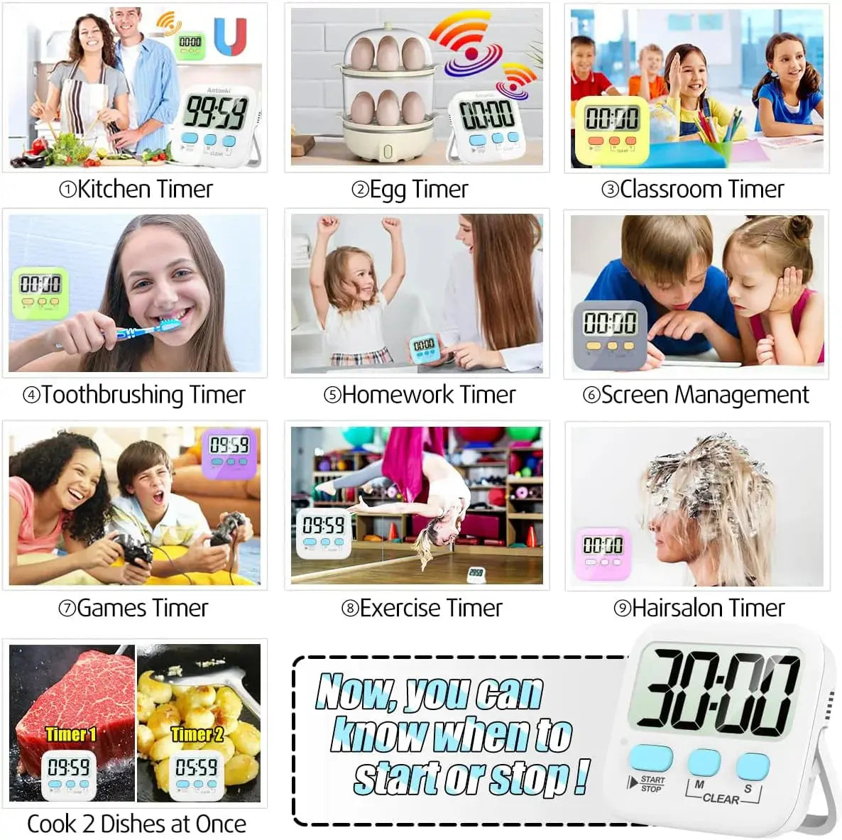 Digital Kitchen Timer Dual LCD Magnetic Set of 2