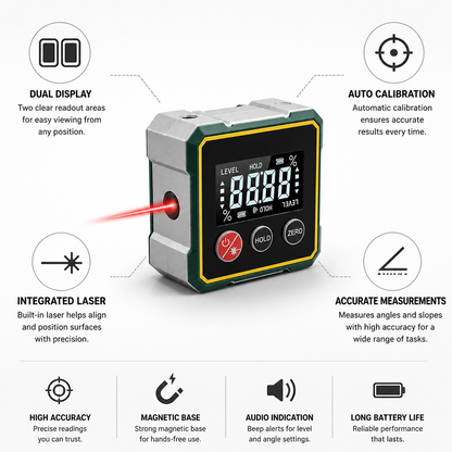 Digital Laser Inclinometer Dual Display Auto Calibration