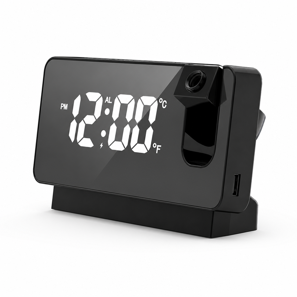 Digital Projection Alarm Clock with Rotatable Projector, USB Charging (7-Inch LED Display)