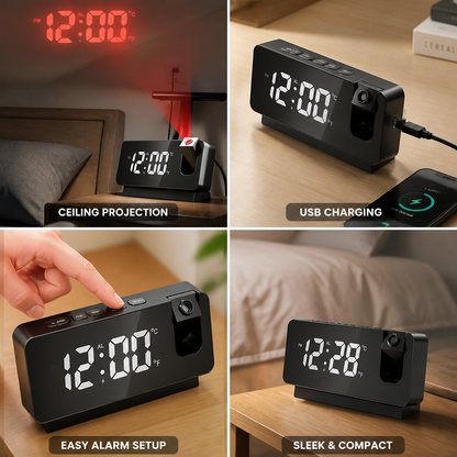 Digital Projection Alarm Clock with Rotatable Projector, USB Charging (7-Inch LED Display)