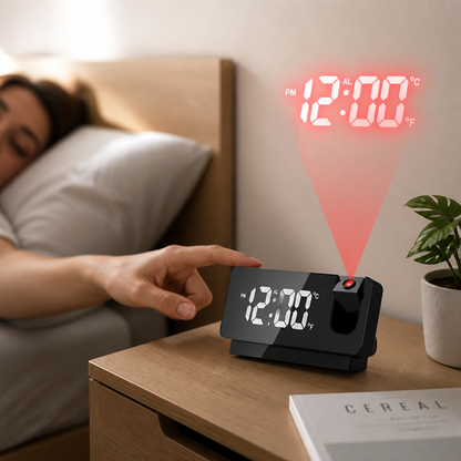 Digital Projection Alarm Clock with Rotatable Projector, USB Charging (7-Inch LED Display)