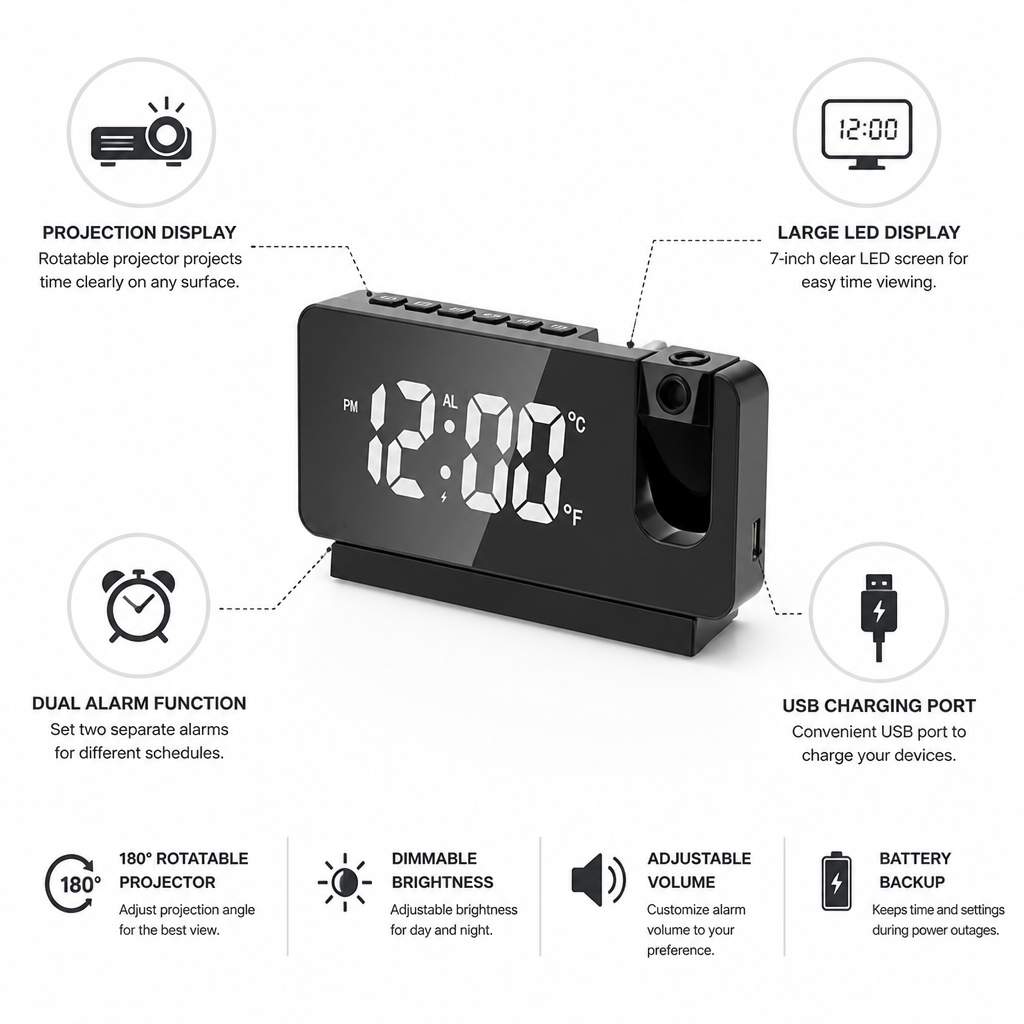 Digital Projection Alarm Clock with Rotatable Projector, USB Charging (7-Inch LED Display)