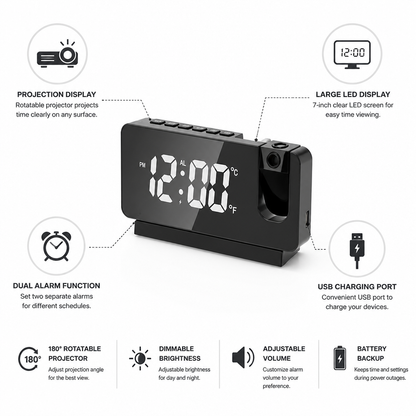 Digital Projection Alarm Clock with Rotatable Projector, USB Charging (7-Inch LED Display)
