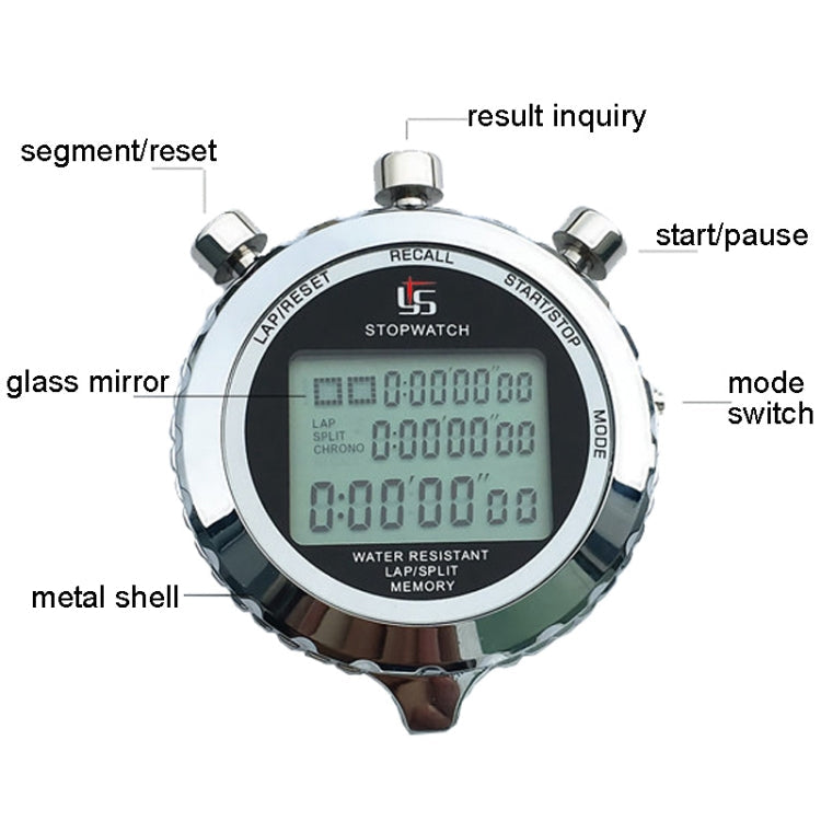 Digital Stopwatch 1/100s Precision 3-Line Display Stainless Steel