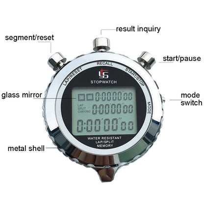 Digital Stopwatch 1/100s Precision 3-Line Display Stainless Steel