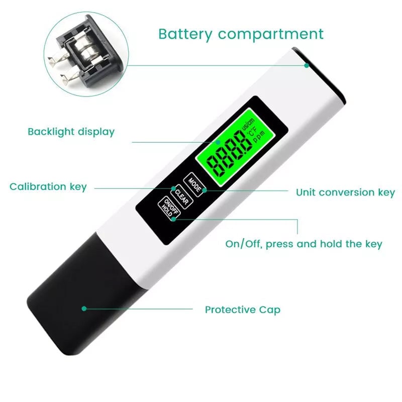Digital Water Tester 4-in-1 Titanium Probe Backlit Display
