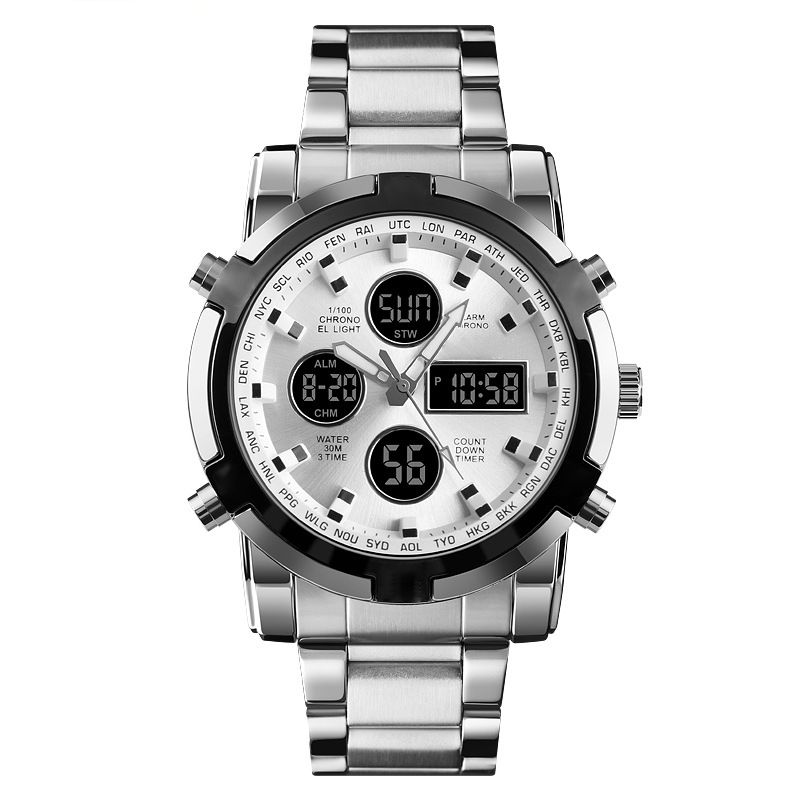 Digital Wristwatch Analog-Digital Stainless Steel Band 30m Water-Resistant