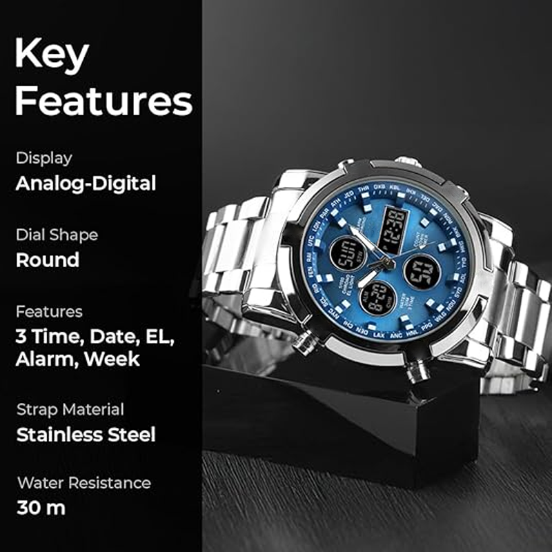 Digital Wristwatch Analog-Digital Stainless Steel Band 30m Water-Resistant