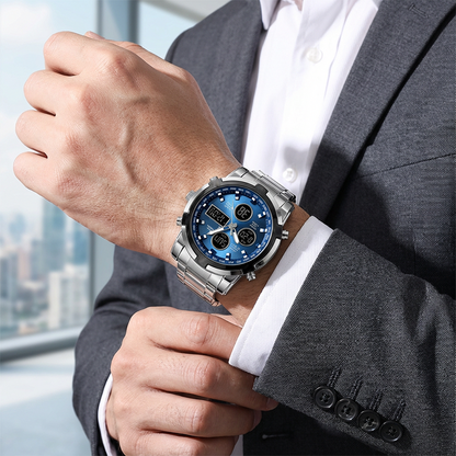 Digital Wristwatch Analog-Digital Stainless Steel Band 30m Water-Resistant