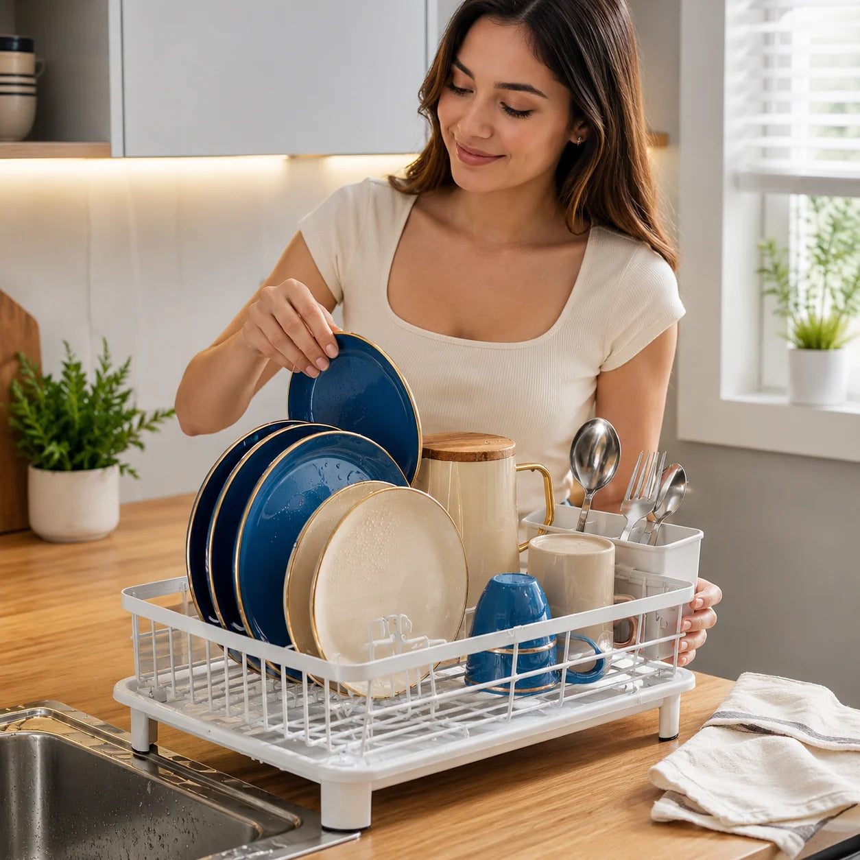 Dish Drainer Integrated Water Drain & Cutlery Holder