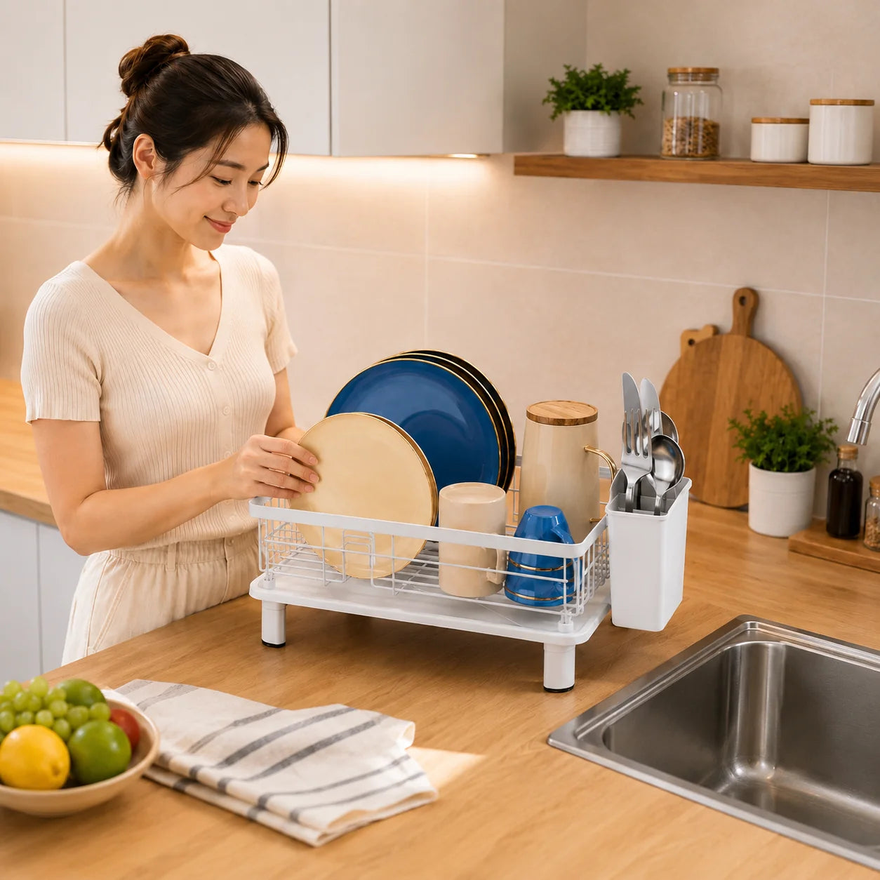 Dish Drainer Integrated Water Drain & Cutlery Holder