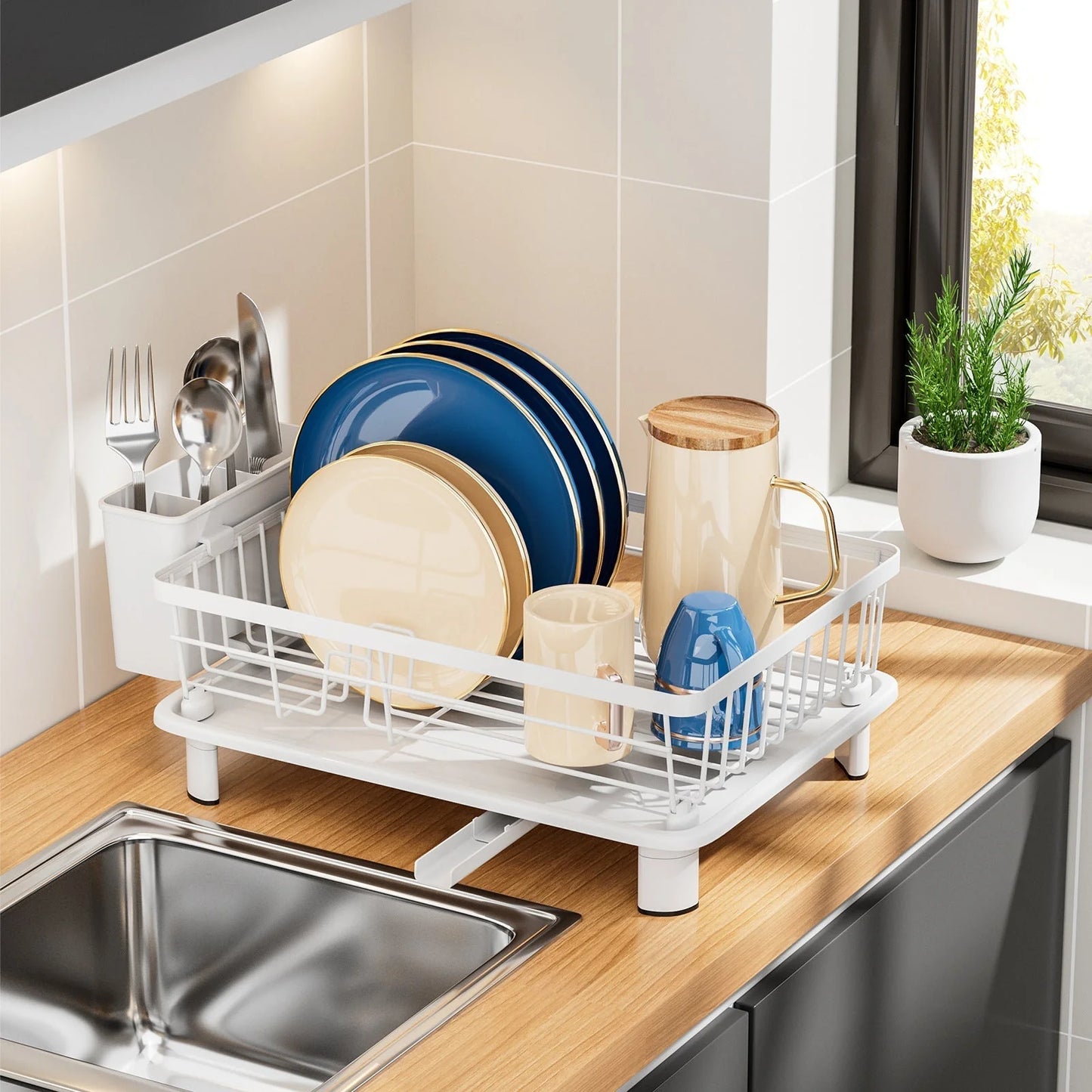 Dish Drainer Integrated Water Drain & Cutlery Holder