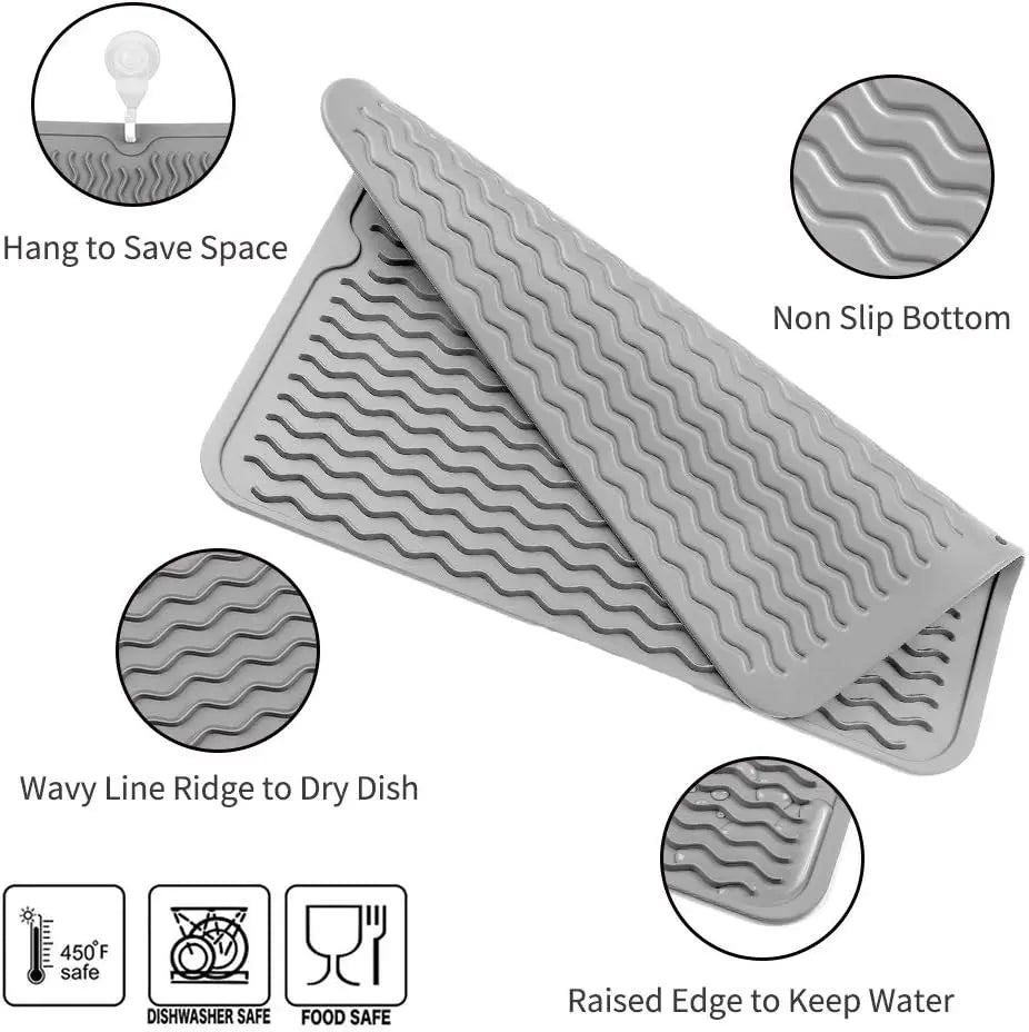 Dish Drying Mat Ribbed Drainage Heat-Resistant Silicone