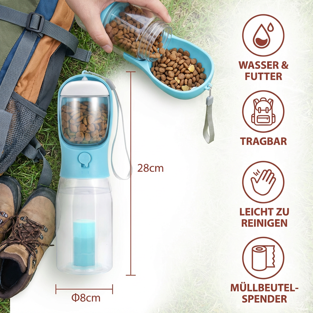 Dog Travel Water Bottle 3-In-1 Water Food & Waste