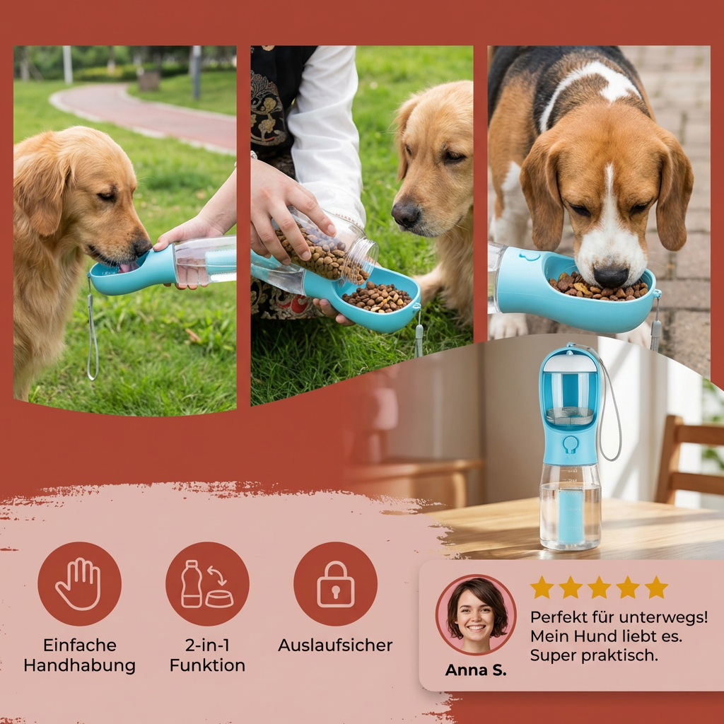 Dog Water Bottle 3-in-1 Spill-Free Food & Bag Dispenser