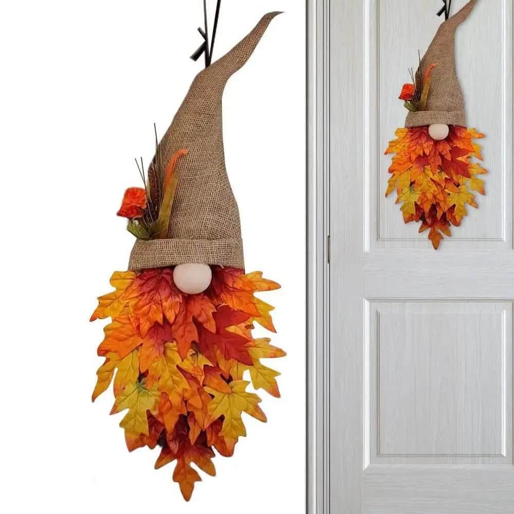 Door Hanger Gnome Design Fabric & Artificial Leaves