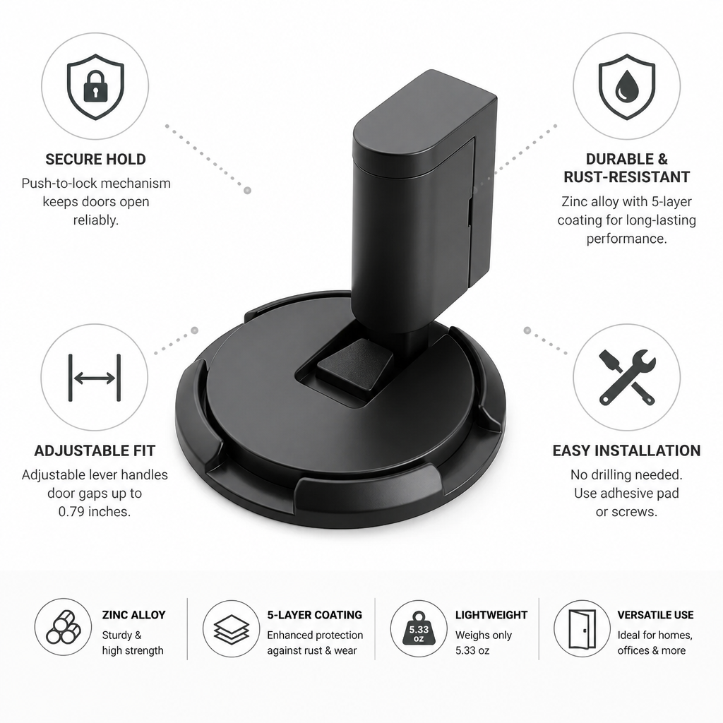 Door Stop Push-To-Lock No-Drill Zinc Alloy