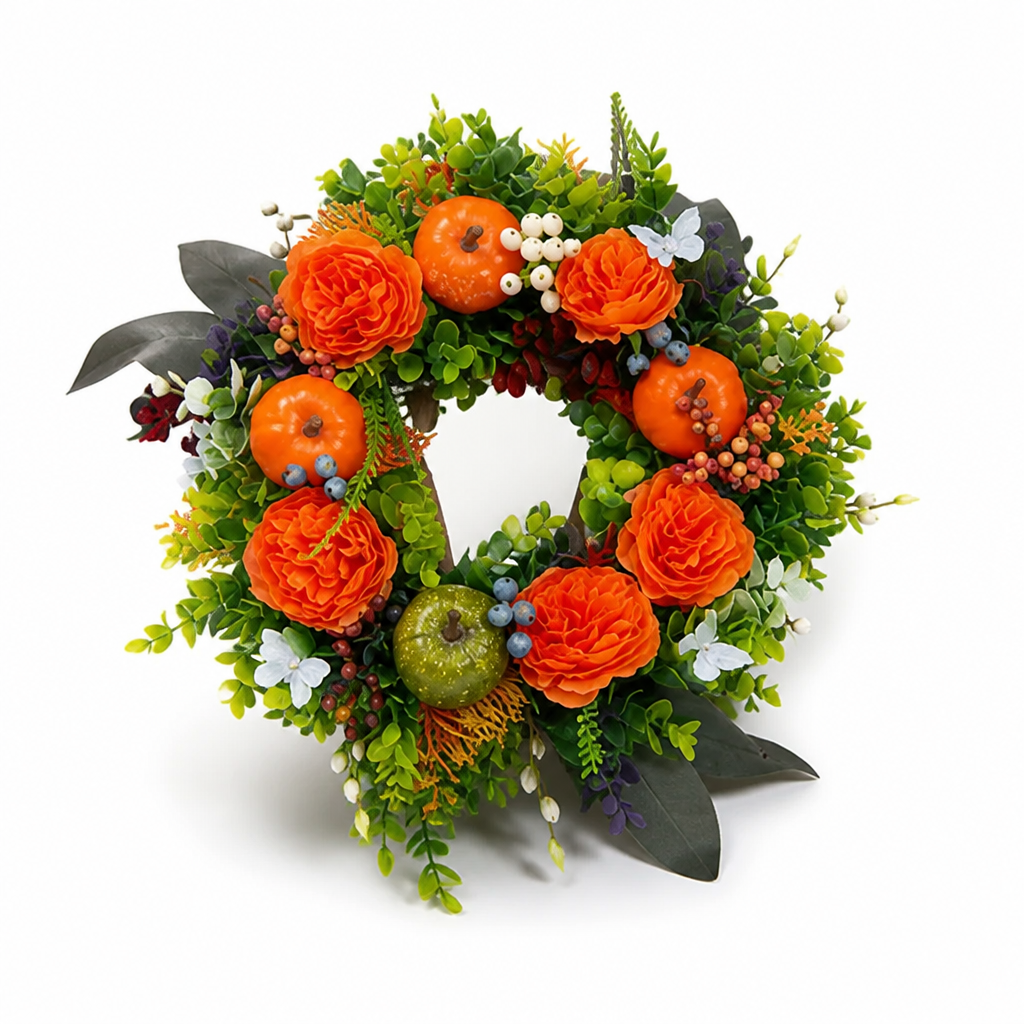 Door Wreath Faux Flowers & Pumpkins Weather-Resistant