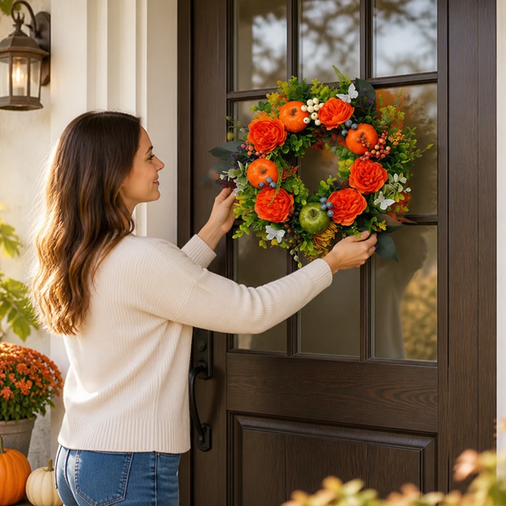 Door Wreath Faux Flowers & Pumpkins Weather-Resistant