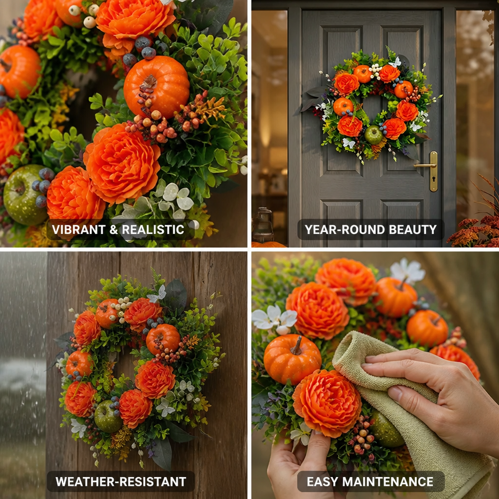 Door Wreath Faux Flowers & Pumpkins Weather-Resistant