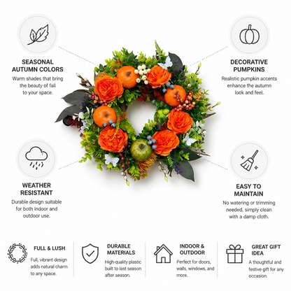 Door Wreath Faux Flowers & Pumpkins Weather-Resistant