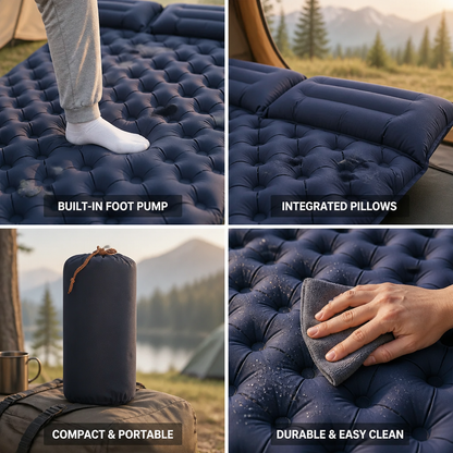 Double Air Mattress Built-In Foot Pump & Attached Pillows