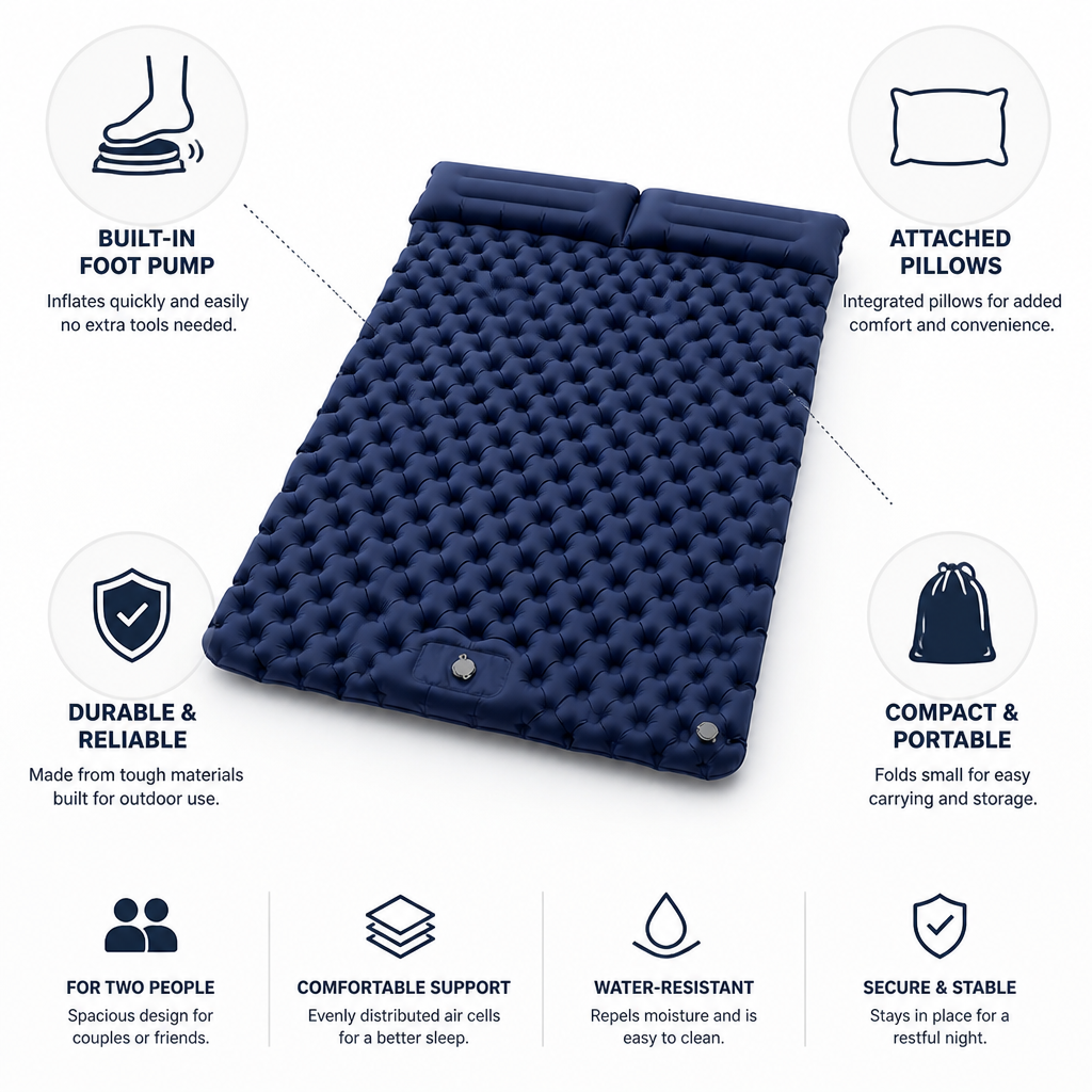 Double Air Mattress Built-In Foot Pump & Attached Pillows