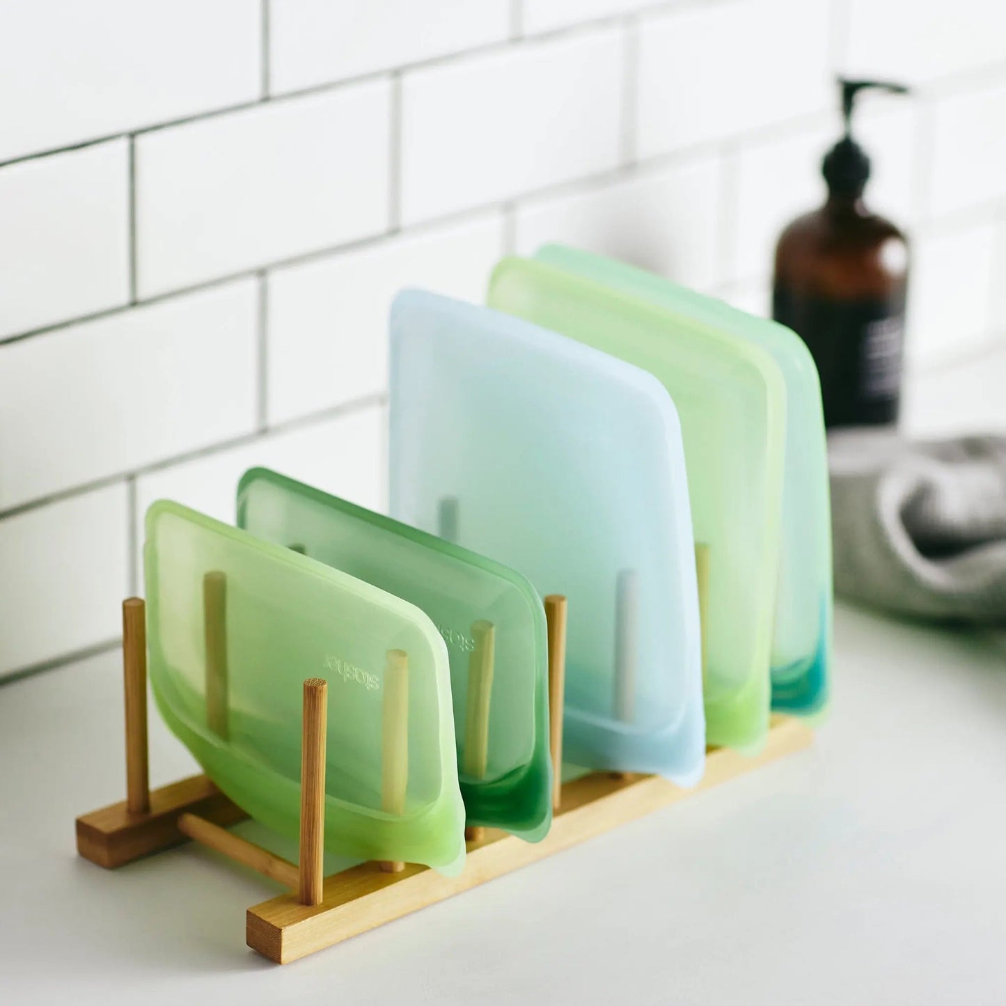 Drying Rack Bamboo Vertical Holds 7 Bags & Lids