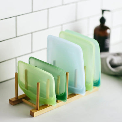 Drying Rack Bamboo Vertical Holds 7 Bags & Lids