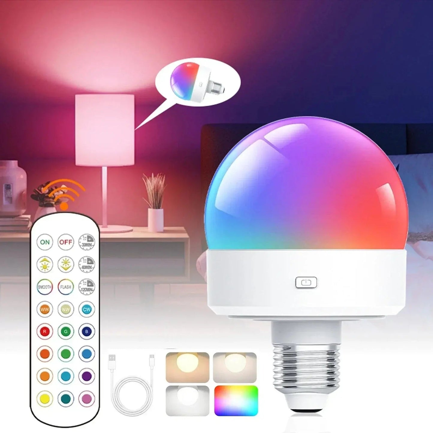 E27 LED Bulb Rechargeable RGB Remote Control
