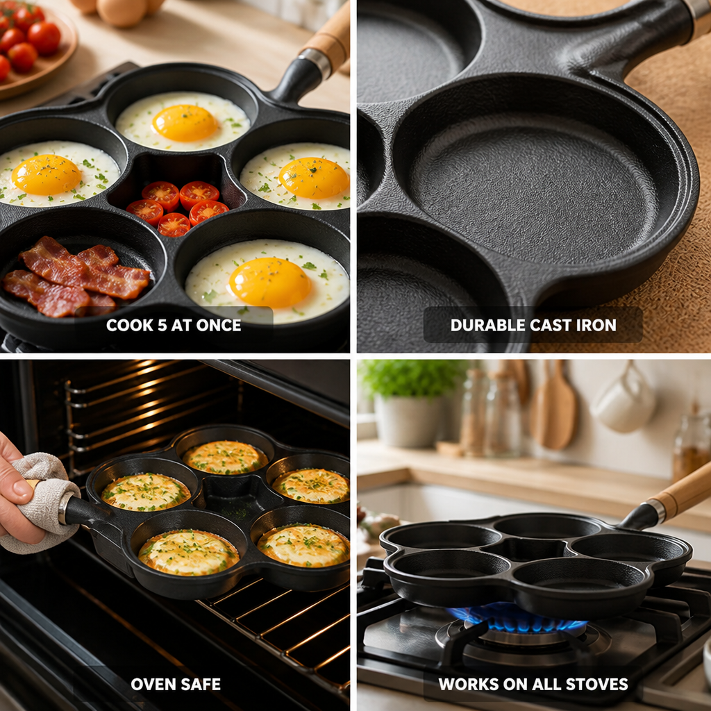 Egg Pan Cast Iron Five-Well Wooden Handle