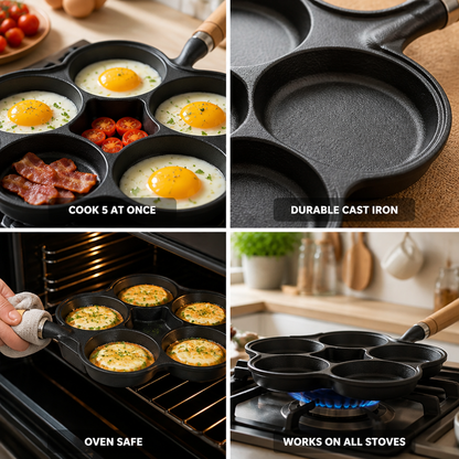 Egg Pan Cast Iron Five-Well Wooden Handle