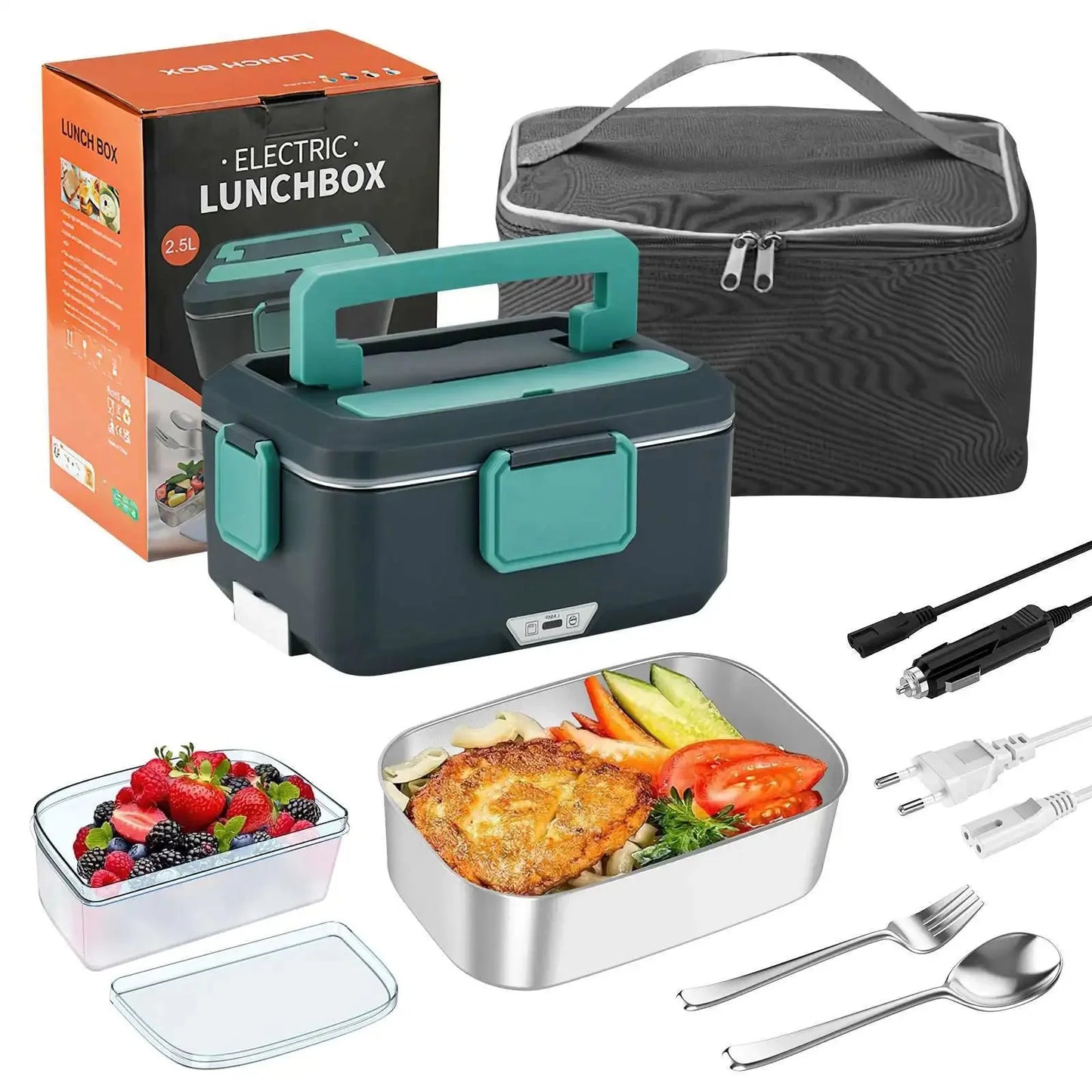 Electric Lunchbox Stainless Steel EU Plug & Car Adapter