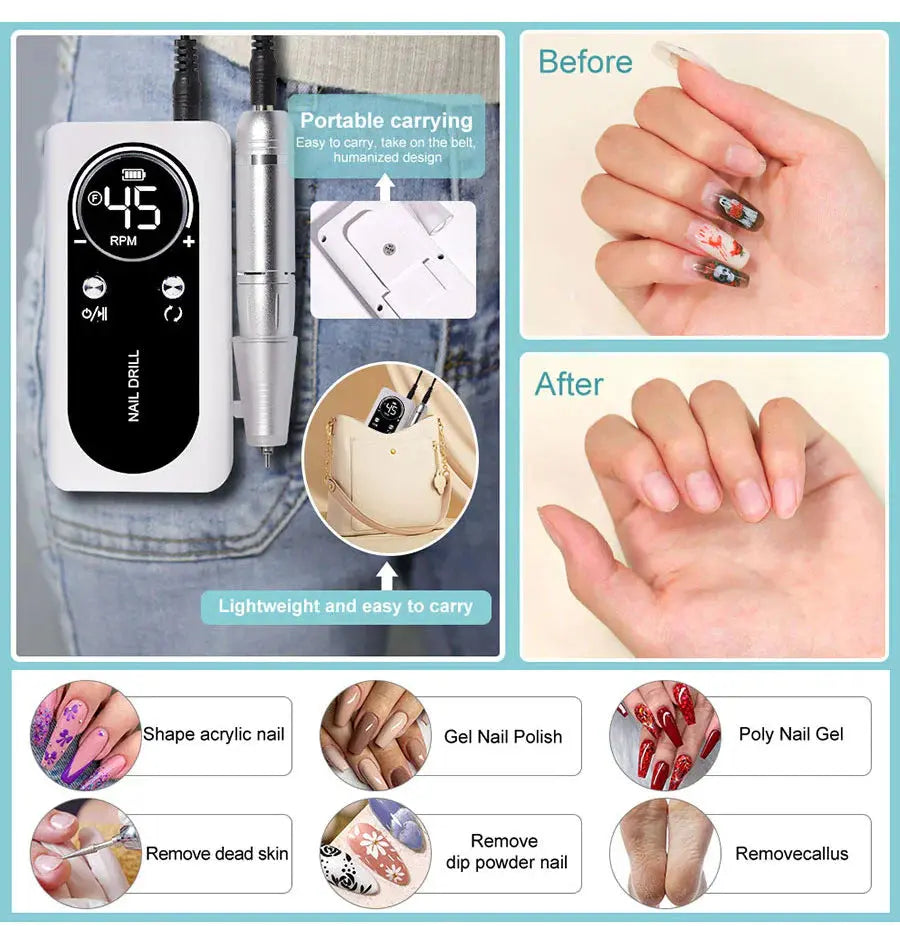 Electric Nail Drill USB-C Rechargeable 45,000 RPM