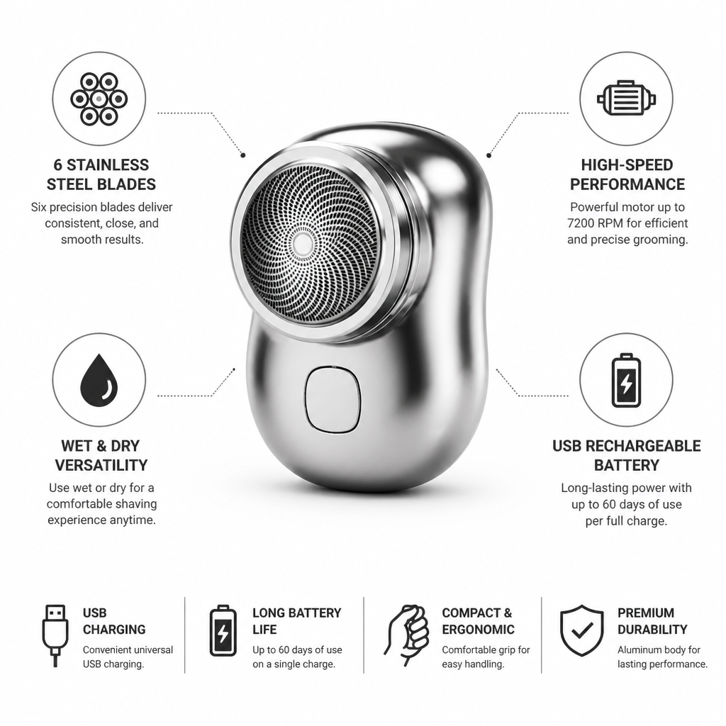 Electric Shaver 6-Blade Stainless Steel USB Rechargeable
