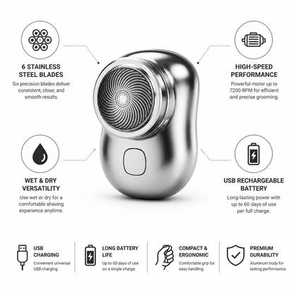 Electric Shaver 6-Blade Stainless Steel USB Rechargeable