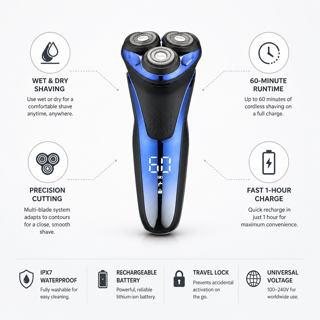 Electric Shaver Wet & Dry Rechargeable 60-Min