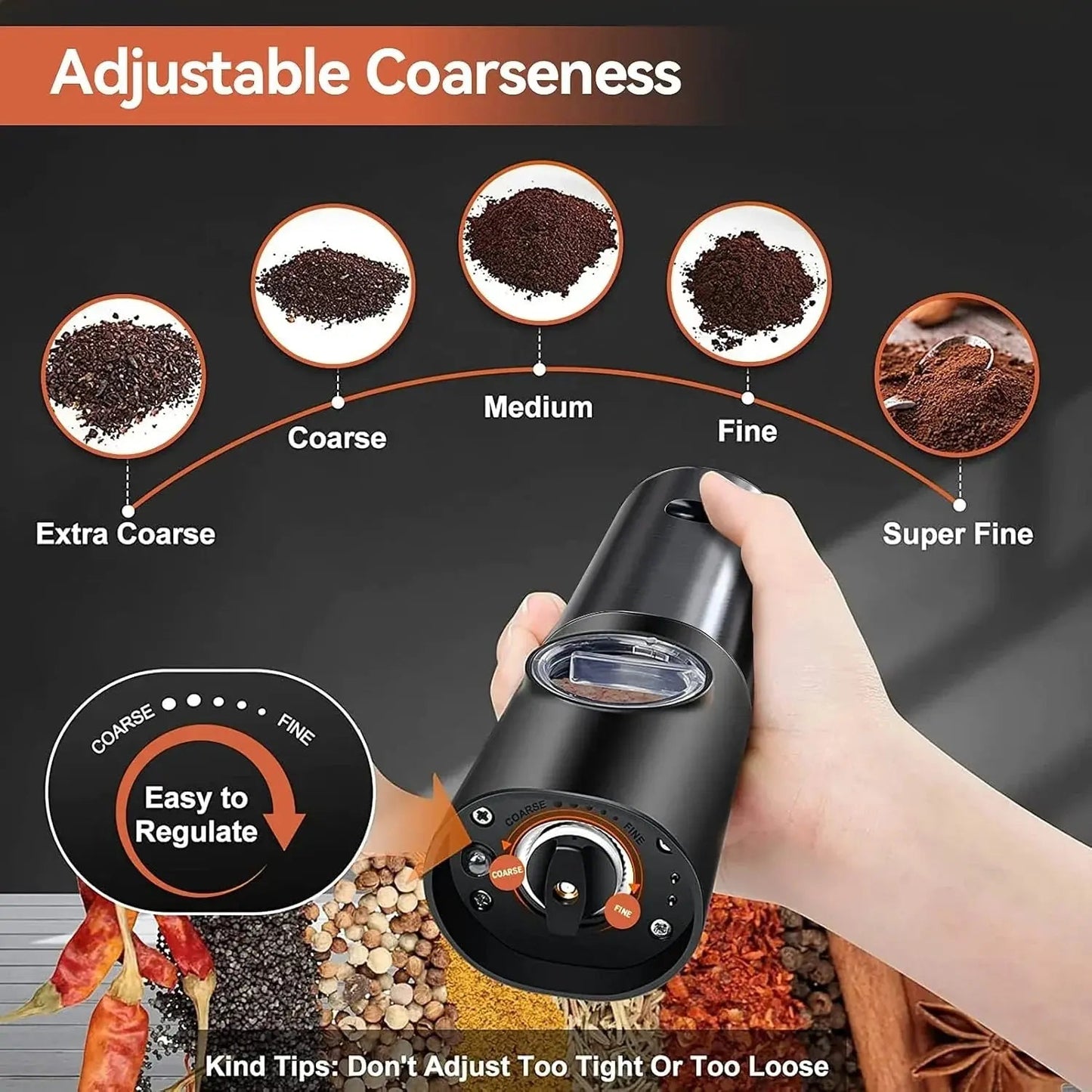 Electric Spice Grinder Set 5 Grind Levels USB-C Rechargeable
