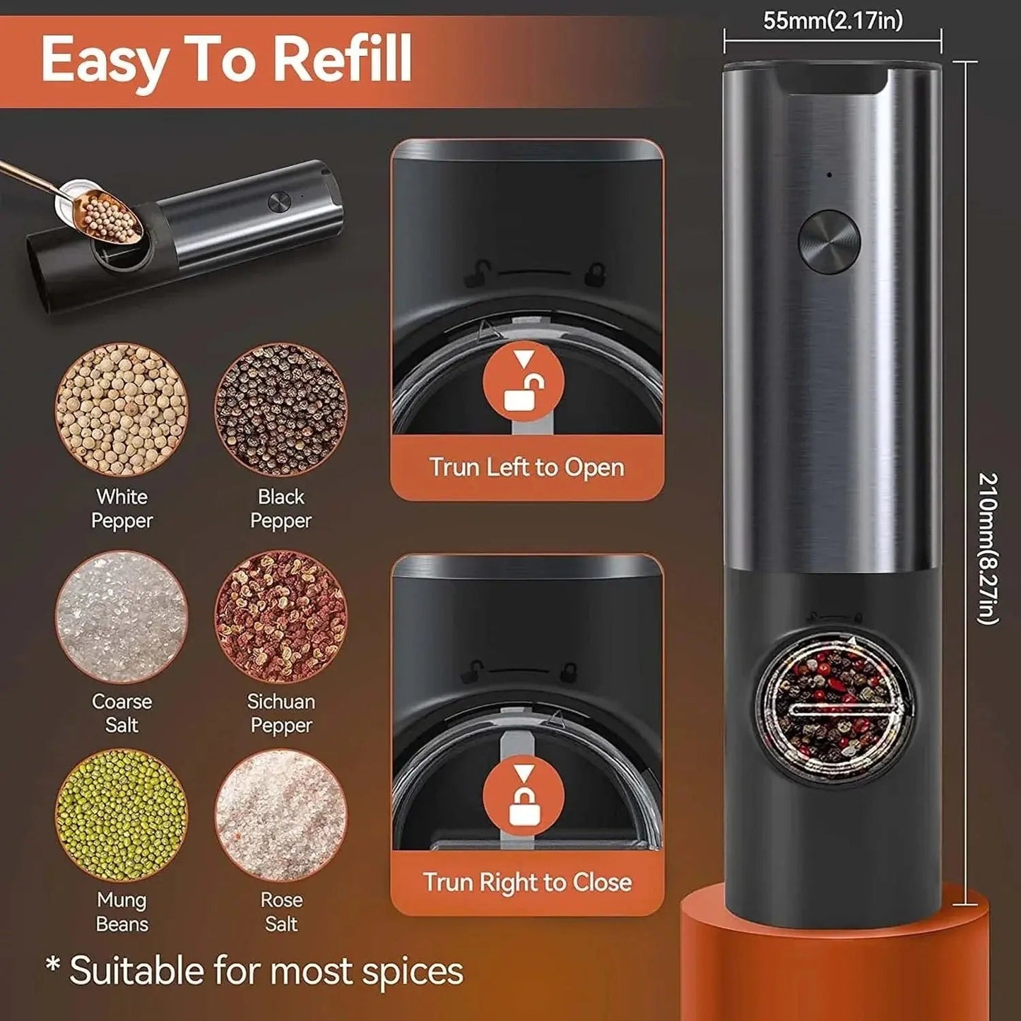 Electric Spice Grinder Set 5 Grind Levels USB-C Rechargeable