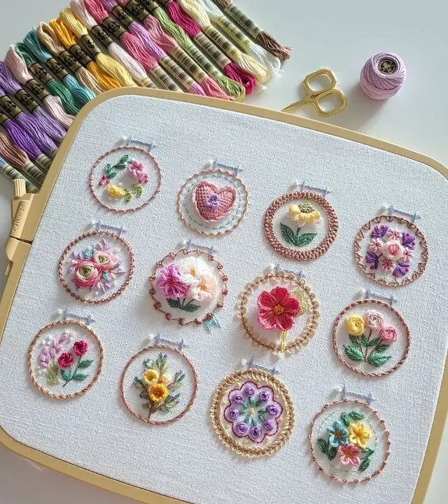 Embroidery Kit Printed Linen 12 Flower Designs