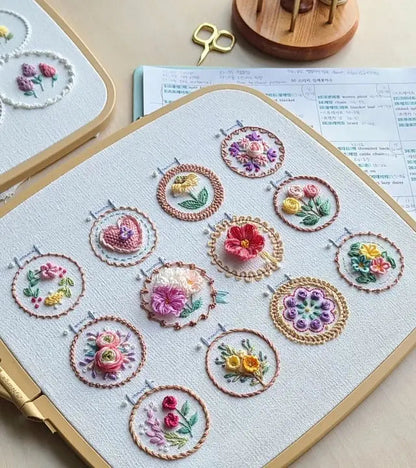 Embroidery Kit Printed Linen 12 Flower Designs
