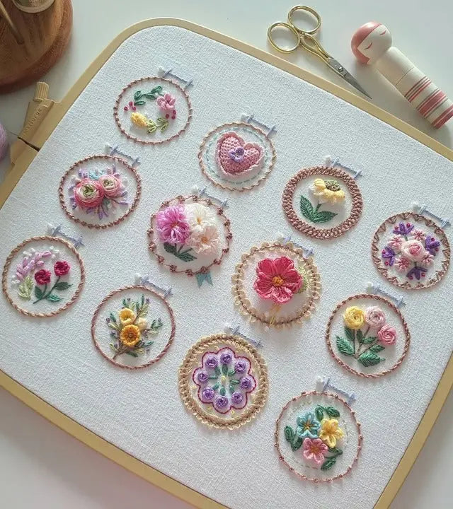 Embroidery Kit Printed Linen 12 Flower Designs