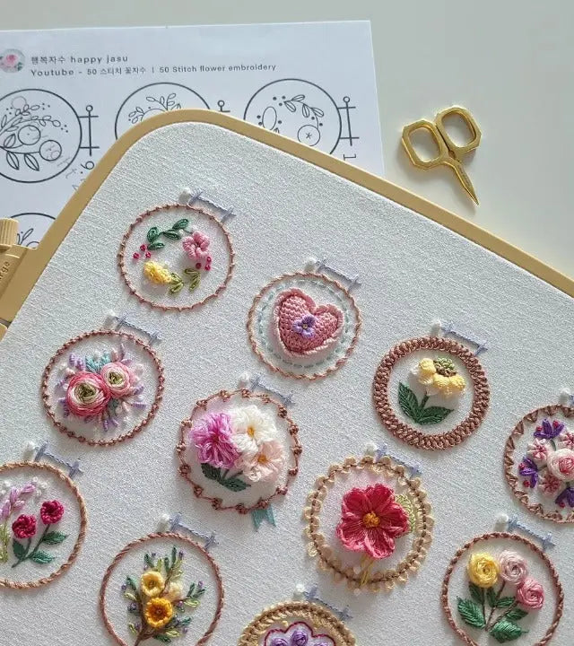 Embroidery Kit Printed Linen 12 Flower Designs