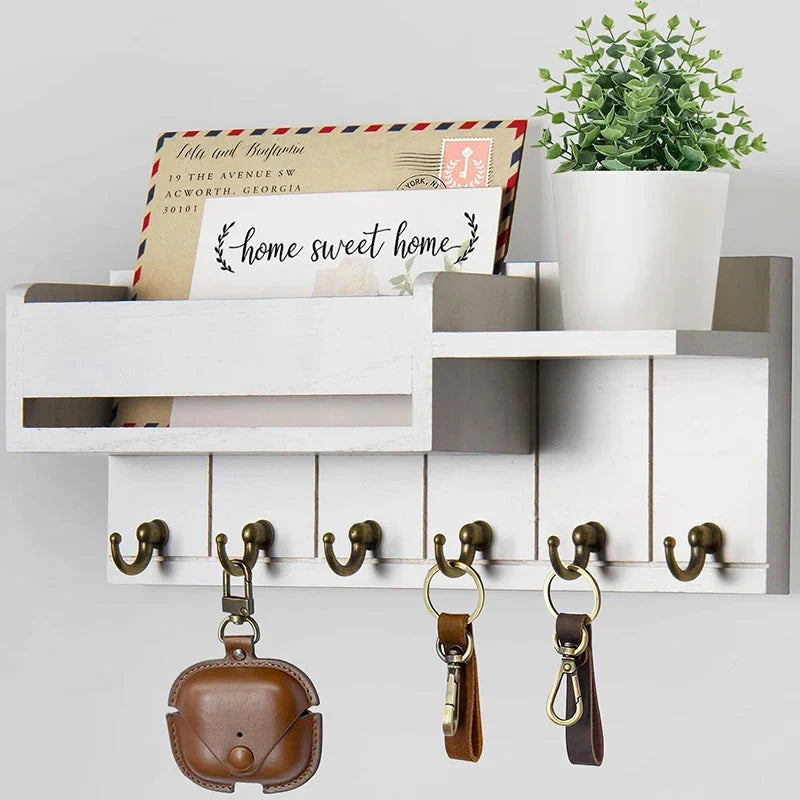 Entryway Key Rack Wood Shelf 6 Hooks & Mail Holder