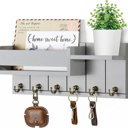 Entryway Key Rack Wood Shelf 6 Hooks & Mail Holder